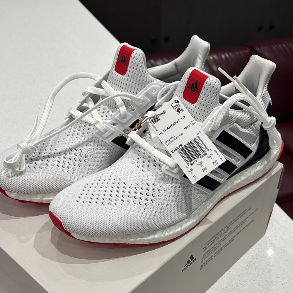 Adidas Ultra Boost White and Black with Red Accents, NWT, size 11